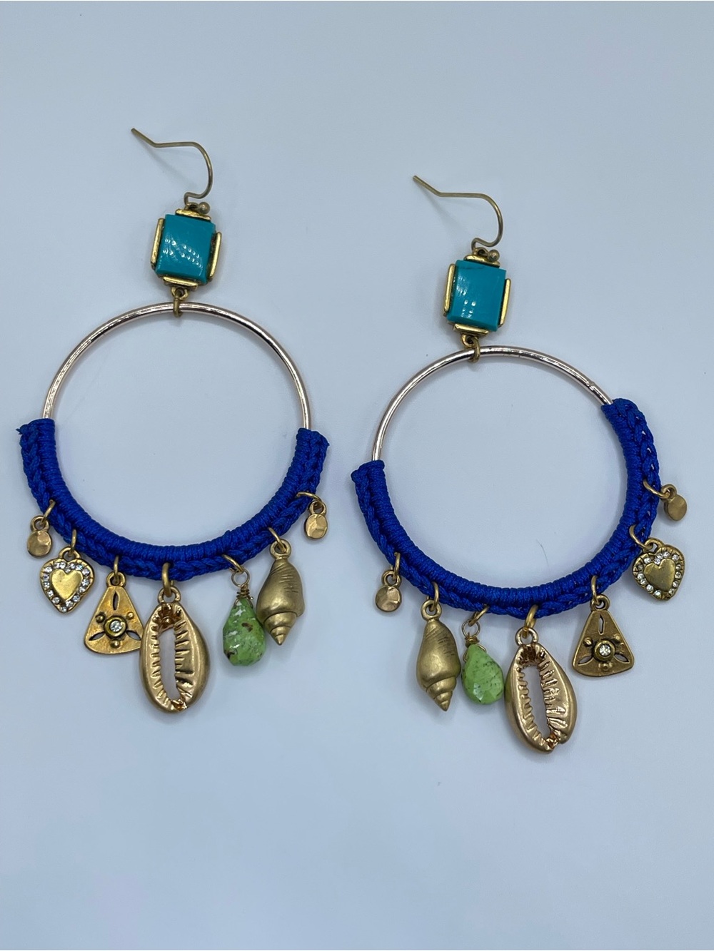 Boho Blue Cord Hoop Earrings Cowrie Shell Charm Coastal Chic